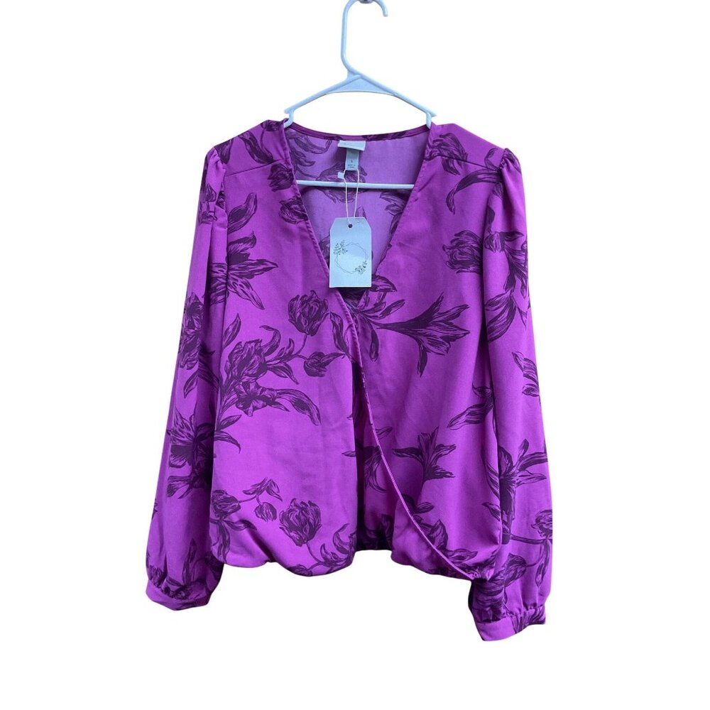 Floral V-Neck Wrap Blouse Long Sleeve Purple Black Lightweight A New Day Size L - Picture 1 of 8